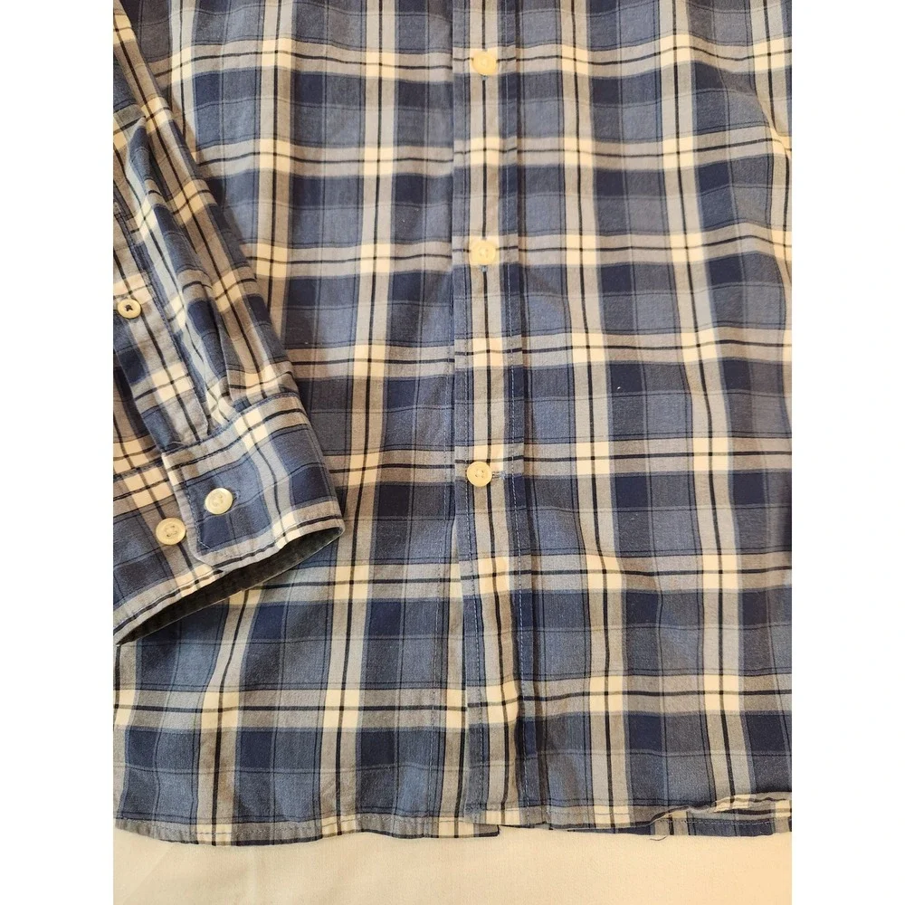 Banana Republic Mens XL Grant Fit Custom Wash Blue Plaid Cotton Button‎ Shirt